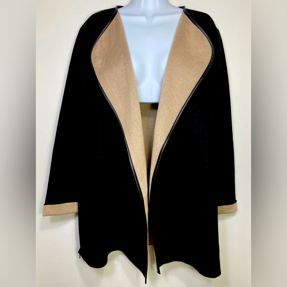Angel Apparel Tan Black Faux Leather Trim Women’s Open Front Knit Cardigans, L